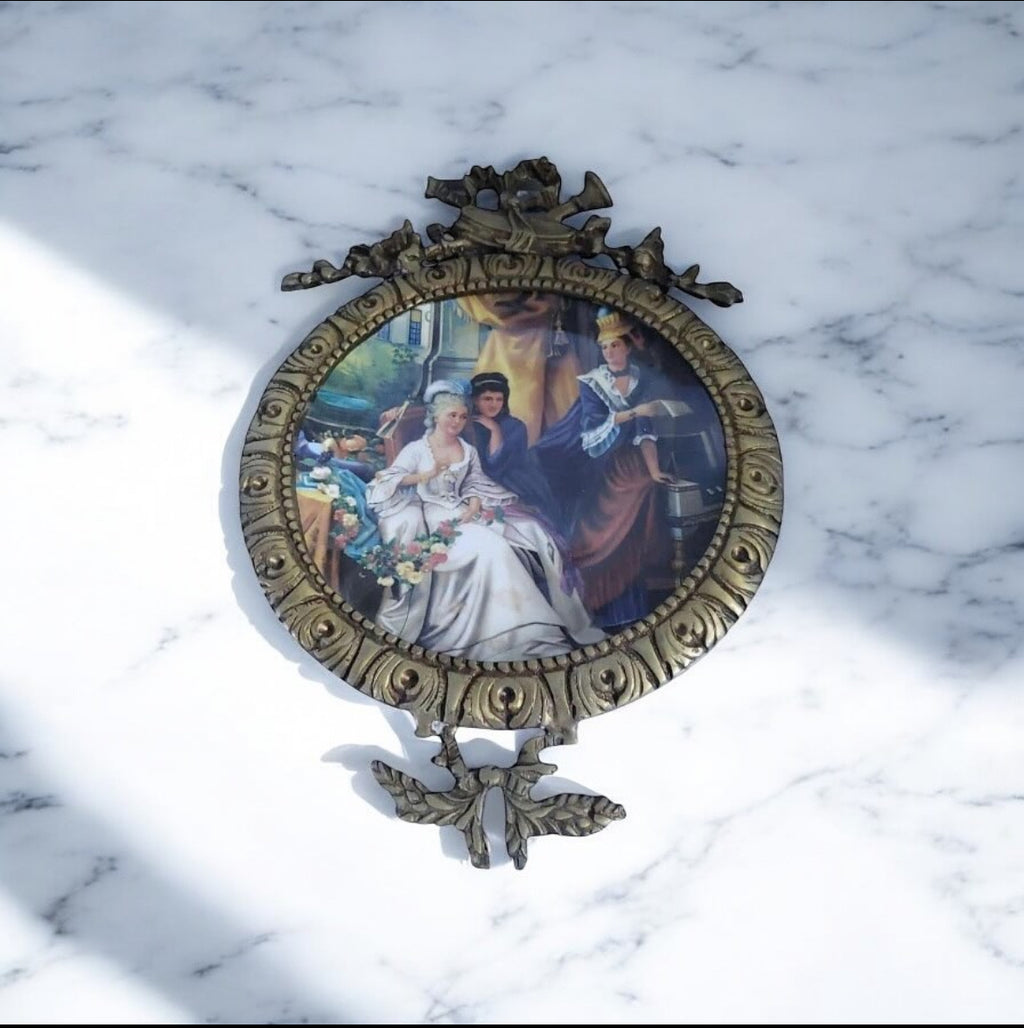 Framed Porcelain Plate Tableau – “Ladies of the Palace” Scene – Antique Brass Frame