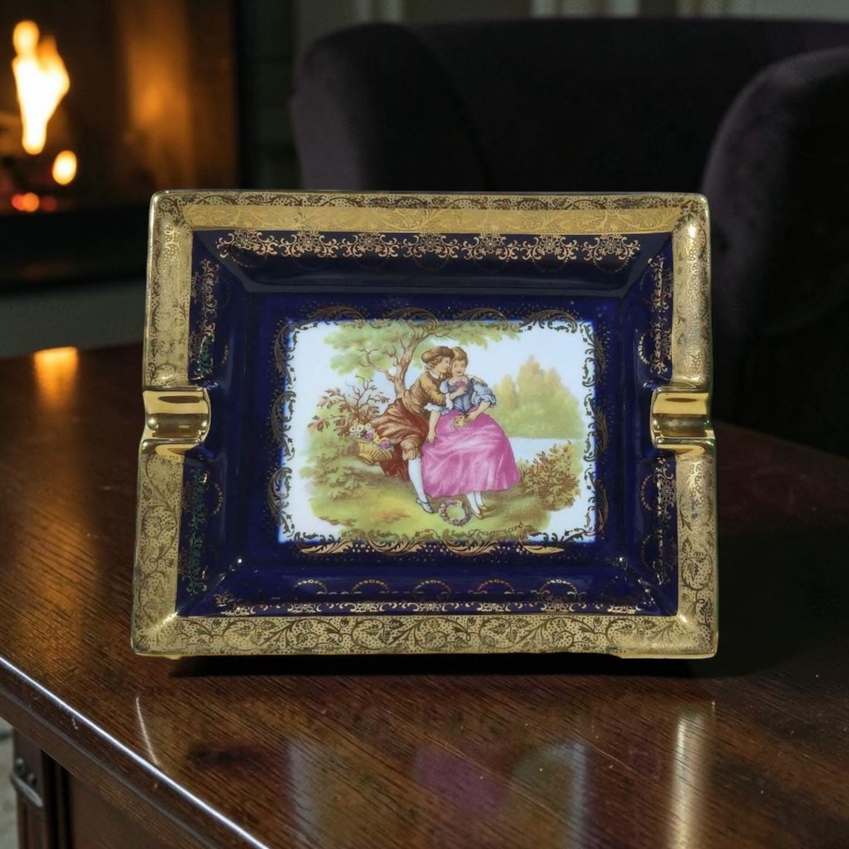 Large French Limoges Porcelain Ashtray with Miniature Artwork & Gold Accents