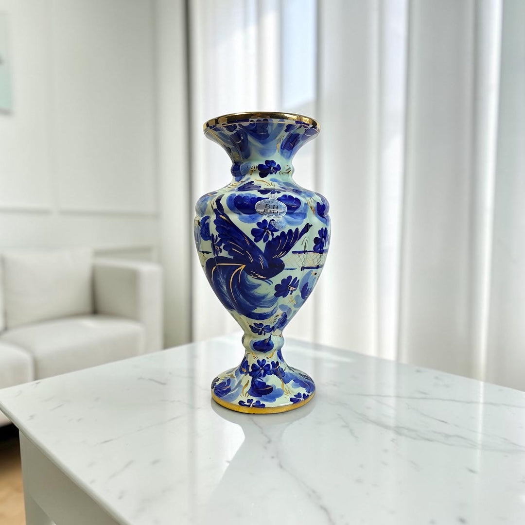 Antique Belgian Hand-Painted Bleu Blanc Porcelain Vase with Gold Accents