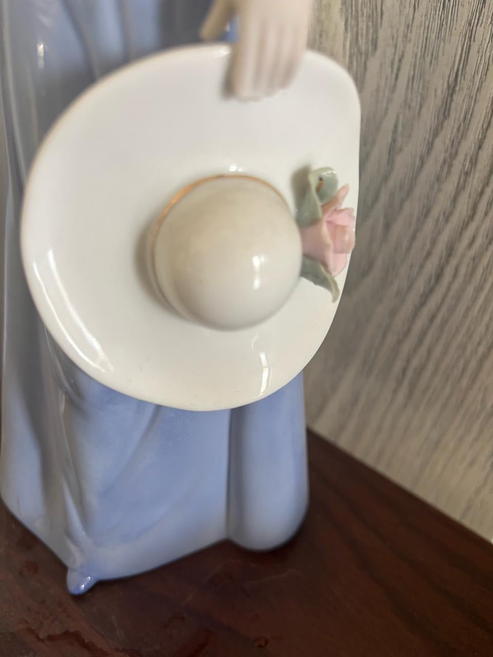 European Porcelain Figurine – Lady with Bonnet – Blue & White Dress