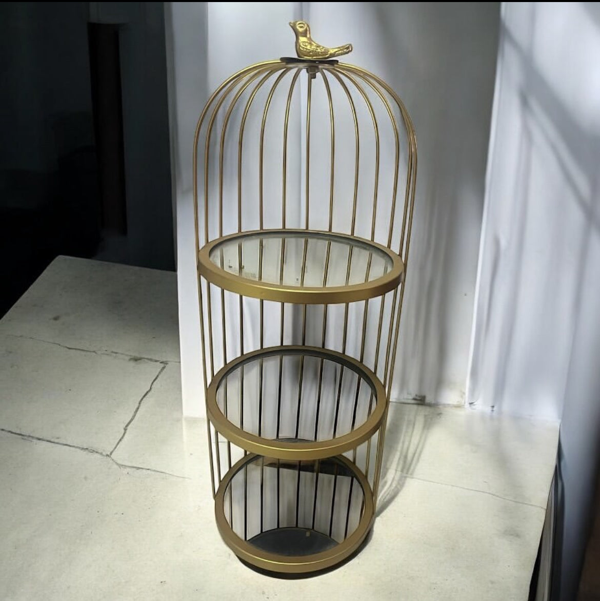 Metal Birdcage Shelf with Mirror Base