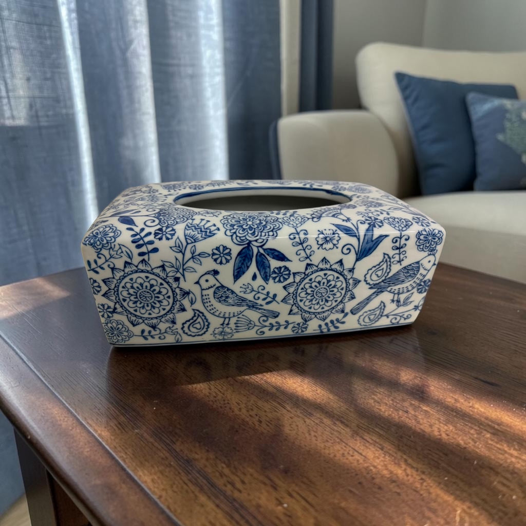 Bleu Blanc Hand-Painted Tissue Box