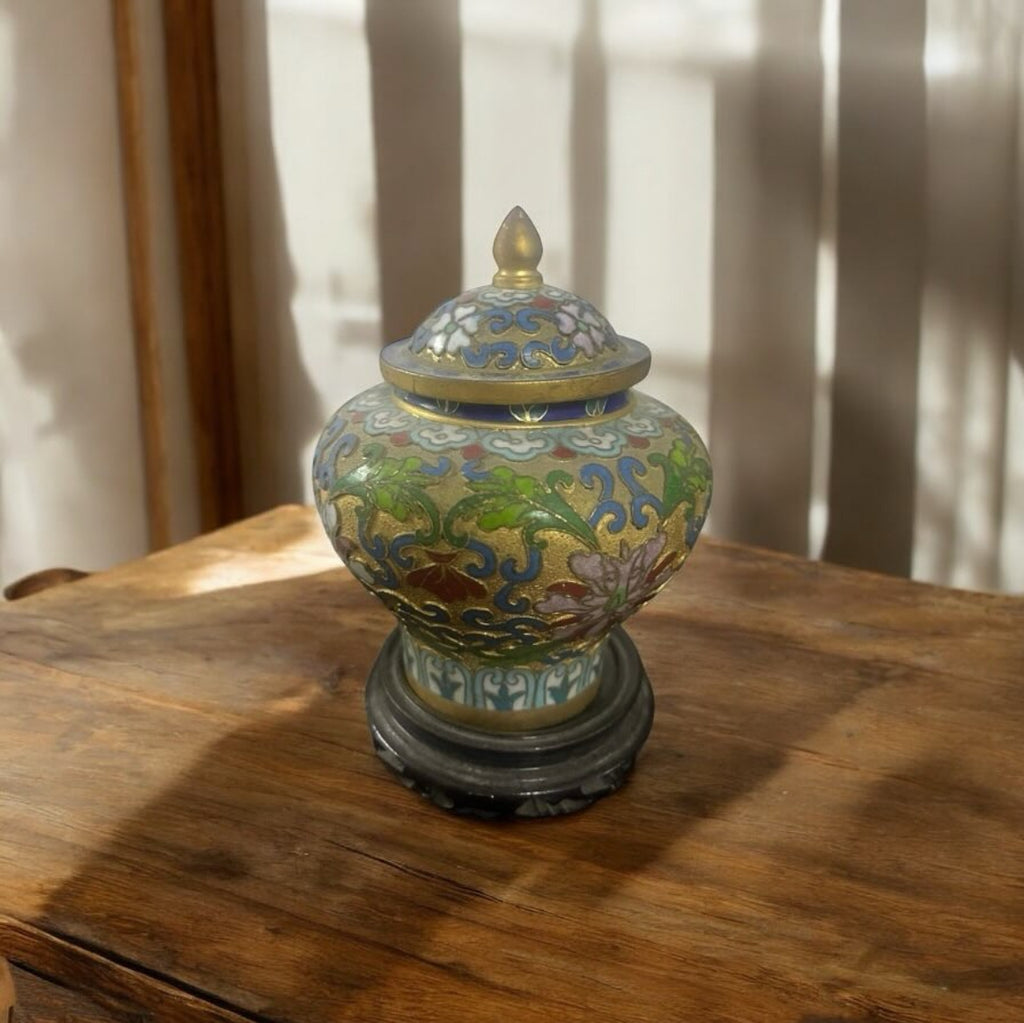 Antique Cloisonné Potiche – Ornate Enamel on Wooden Stand