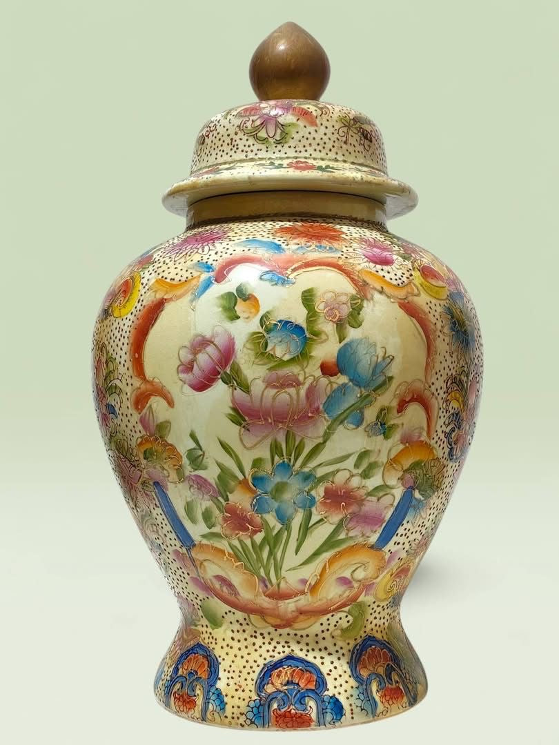 Large Chinoiserie Potiche with Hand-Painted Floral Miniatures & Gold Accents