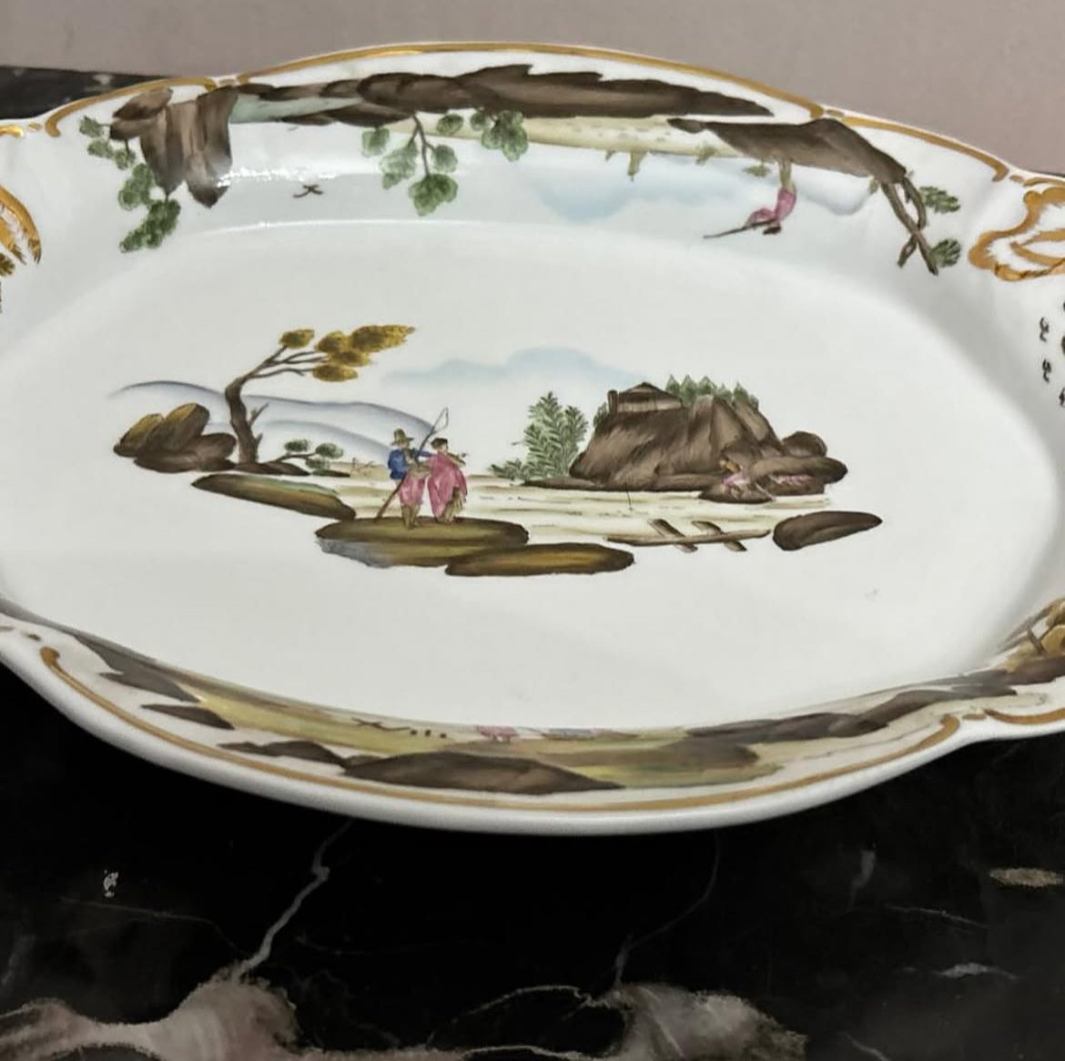 Hand-Painted Gold-Accented Fishermen Porcelain Platter