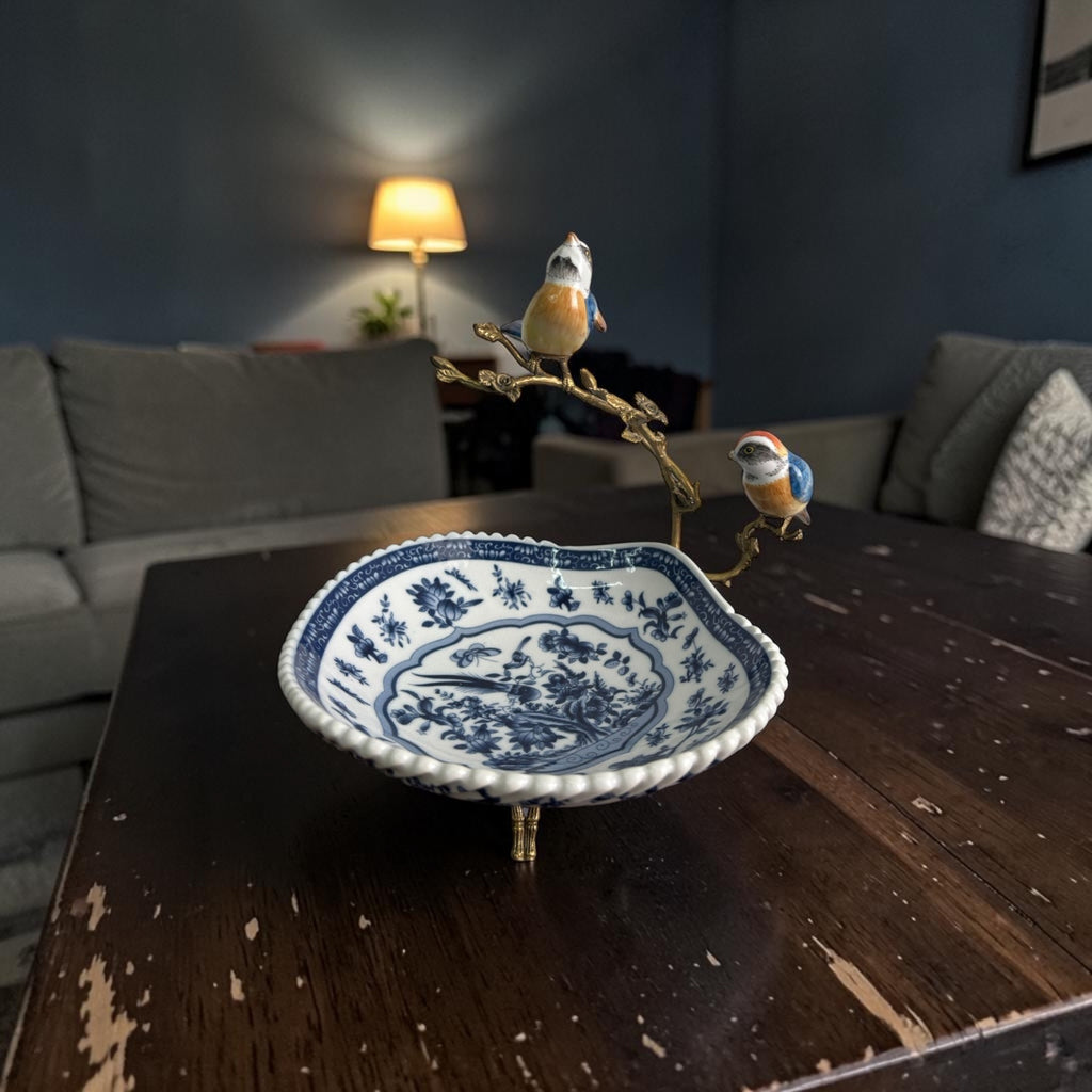 Stamped Bleu Blanc Chinoiserie Centerpiece with Bronze & Porcelain Birds