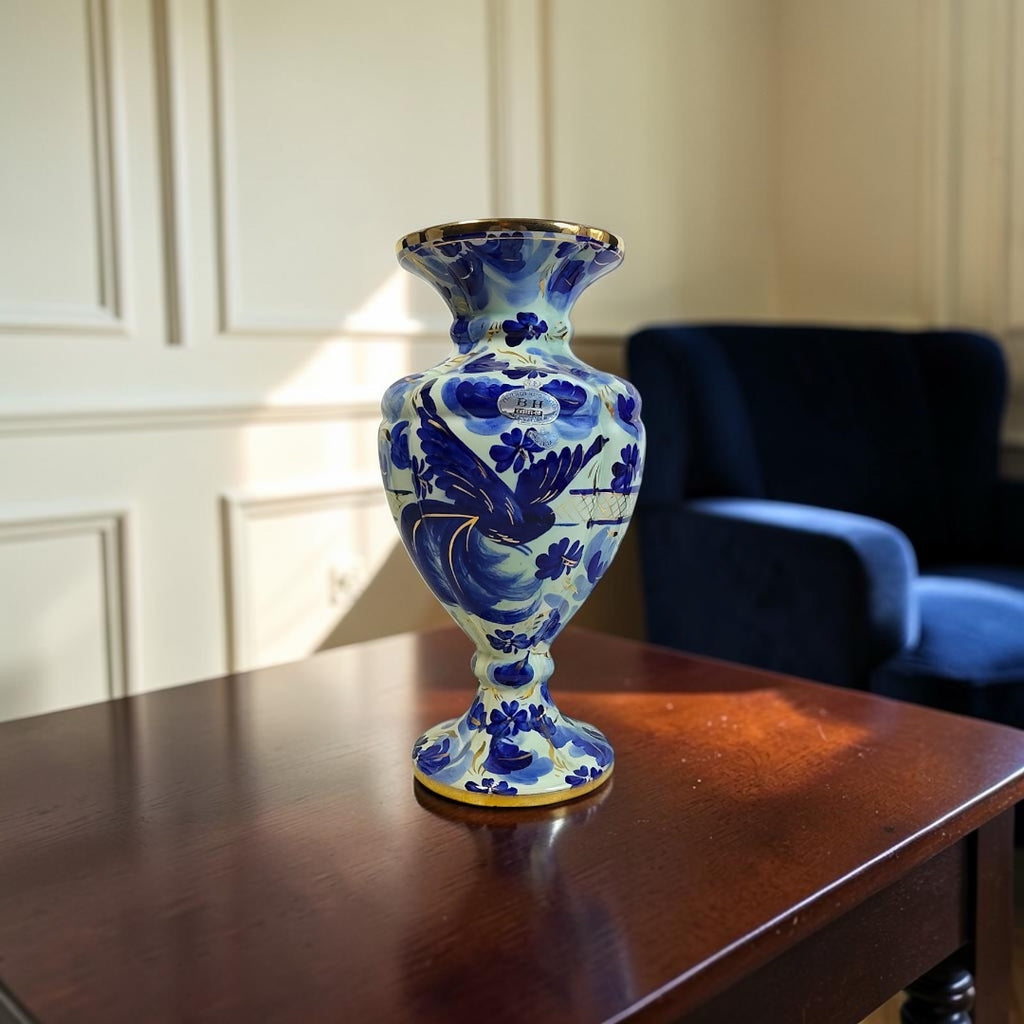 Antique Belgian Hand-Painted Bleu Blanc Porcelain Vase with Gold Accents