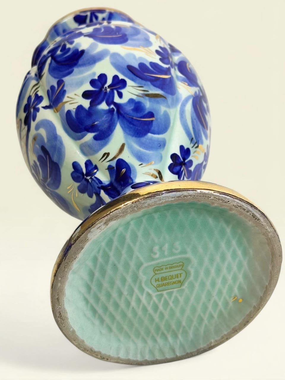 Antique Belgian Hand-Painted Bleu Blanc Porcelain Vase with Gold Accents