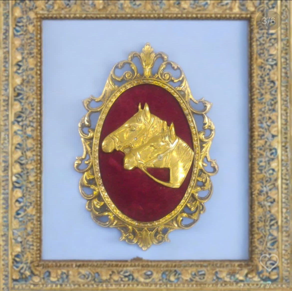 Brass Horse Relief Frame: Velvet Backdrop & Ornate Detail
