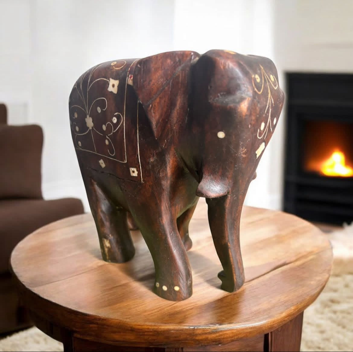 Indian Rosewood Elephant: Hand-Carved with Natural Ivory Inlay