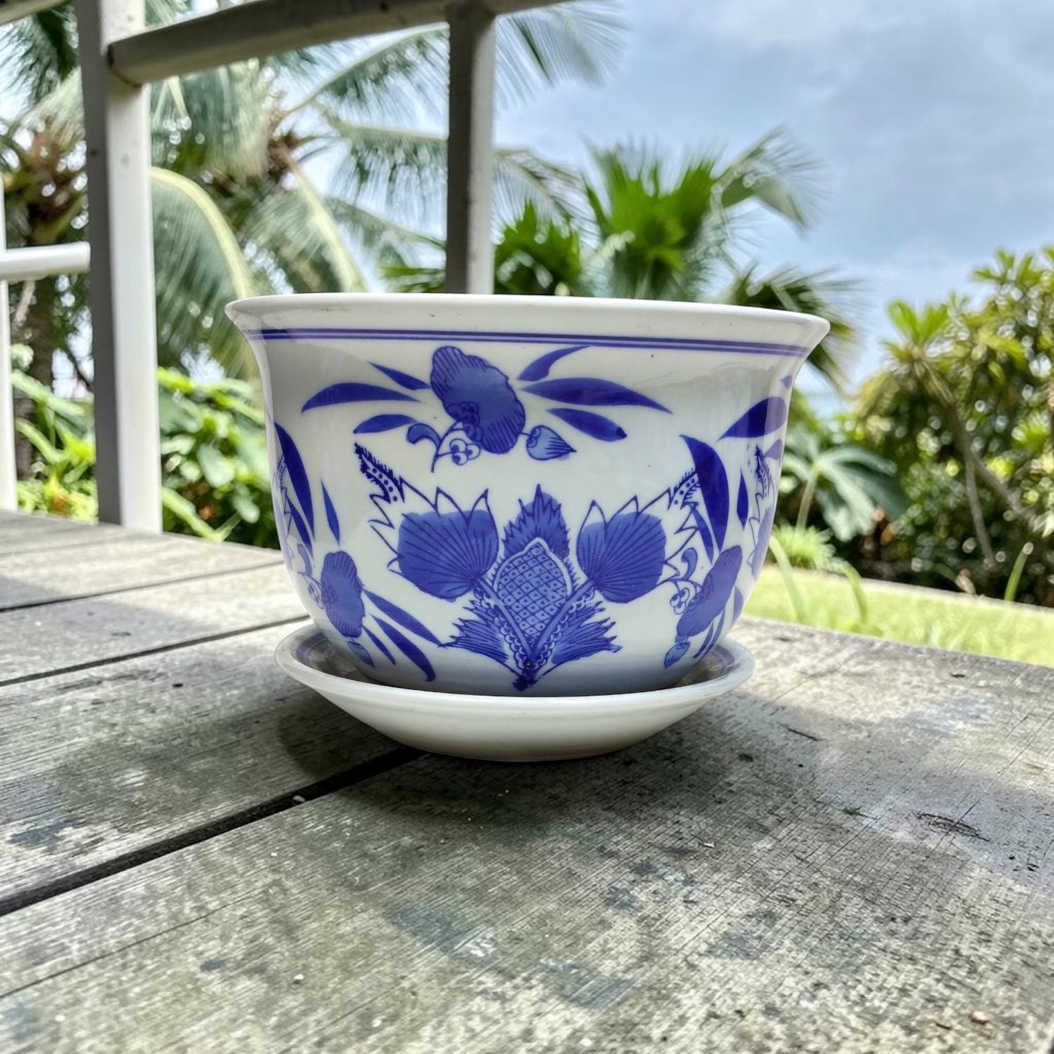 Bleu Blanc Porcelain Cachepots with Matching Saucers