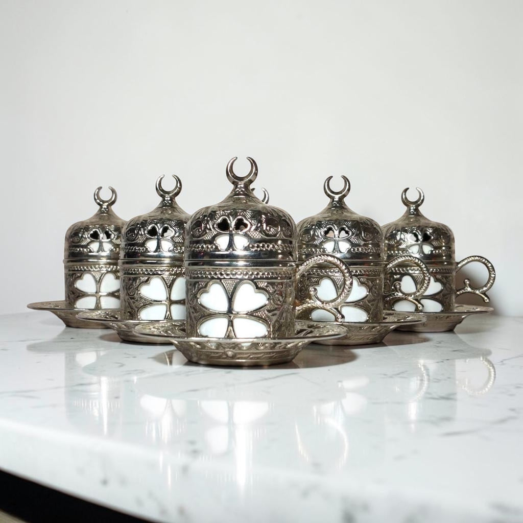 Turkish Metal Coffee Set with Tray – Islamic Design – 6 Cups