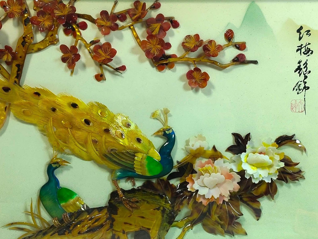 Wooden Frame with Raised Jade Floral & Bird Artwork