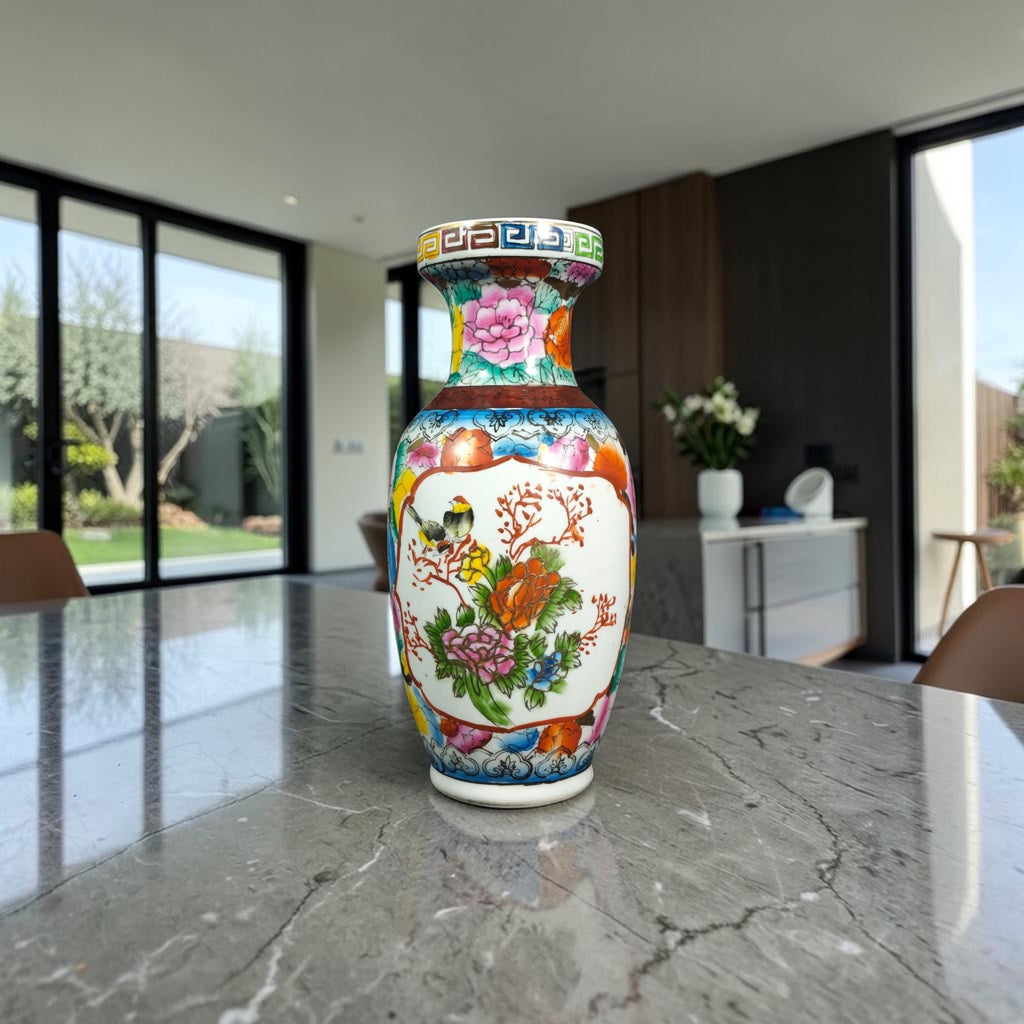 Chinoiserie Vase with Birds & Floral Motifs – Gold Detailing