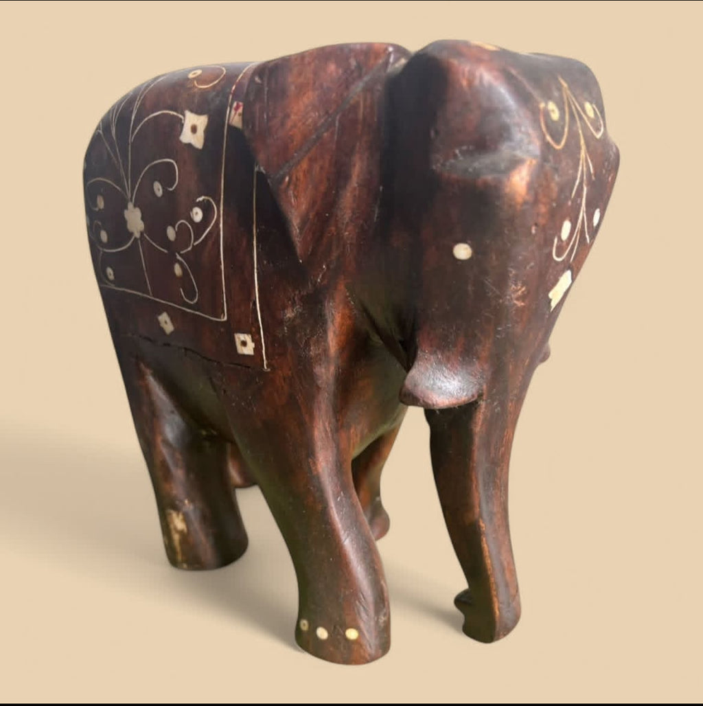 Indian Rosewood Elephant: Hand-Carved with Natural Ivory Inlay