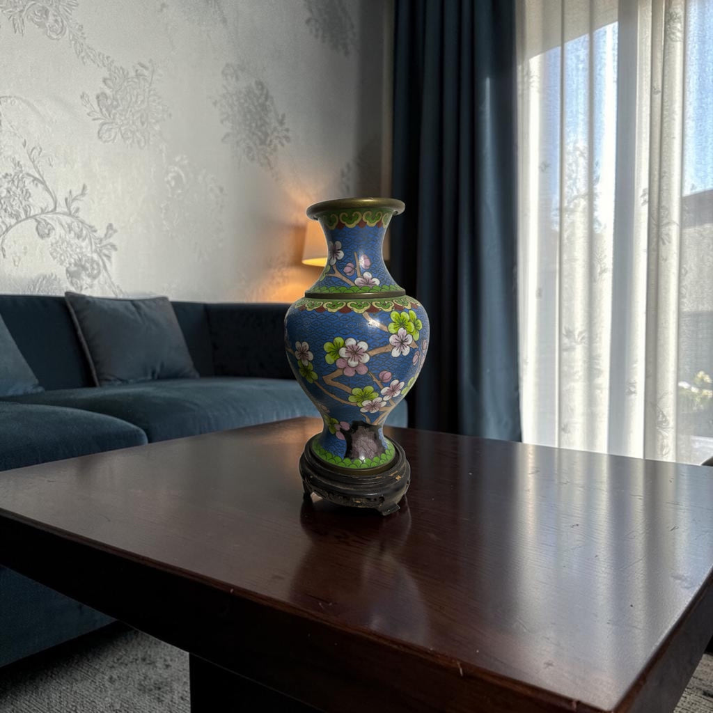 Smooth Cloisonné Vase with Floral & Bird Motifs and Base