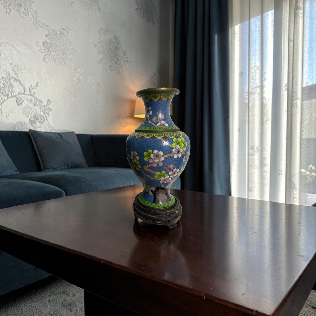 Smooth Cloisonné Vase with Floral & Bird Motifs and Base