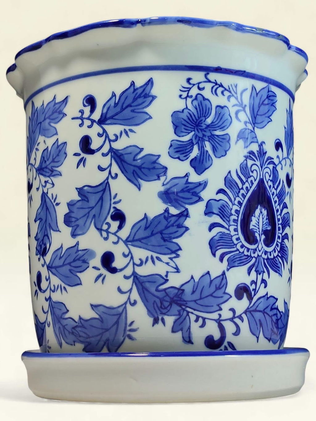 Stamped Bleu Blanc Chinoiserie Porcelain Cachepot with Matching Saucer