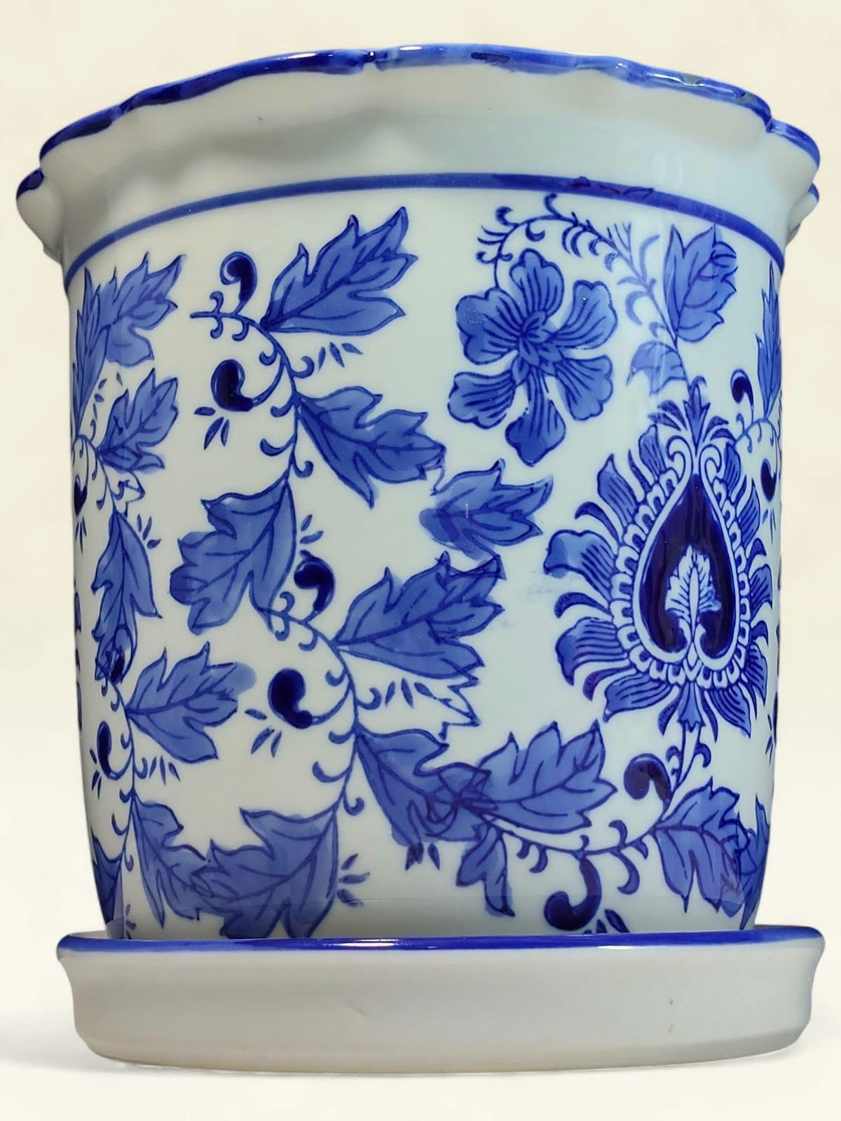 Stamped Bleu Blanc Chinoiserie Porcelain Cachepot with Matching Saucer