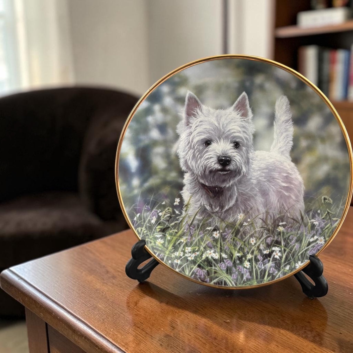 Signed English Porcelain Plate with Distinctive Miniature Artwork & Gilded Initial
