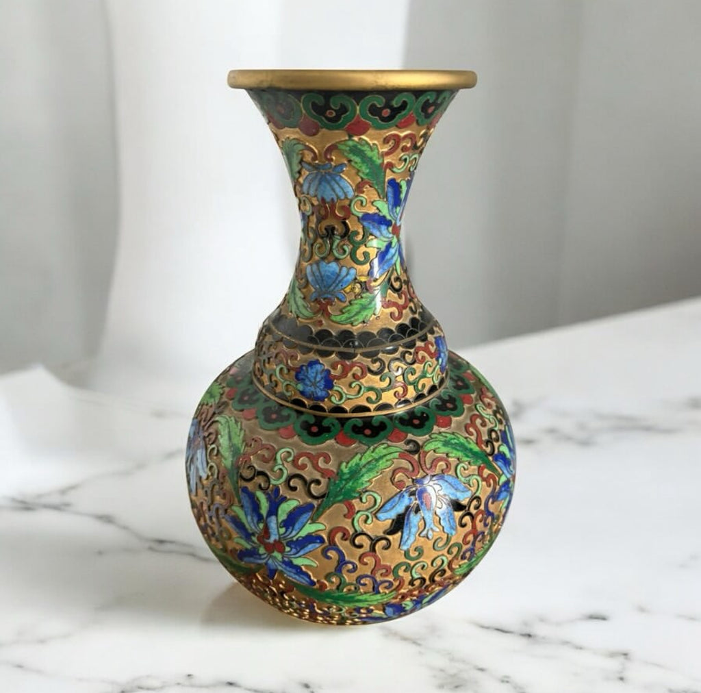 Cloisonné Vase – Raised Design with Blue & Green Accents