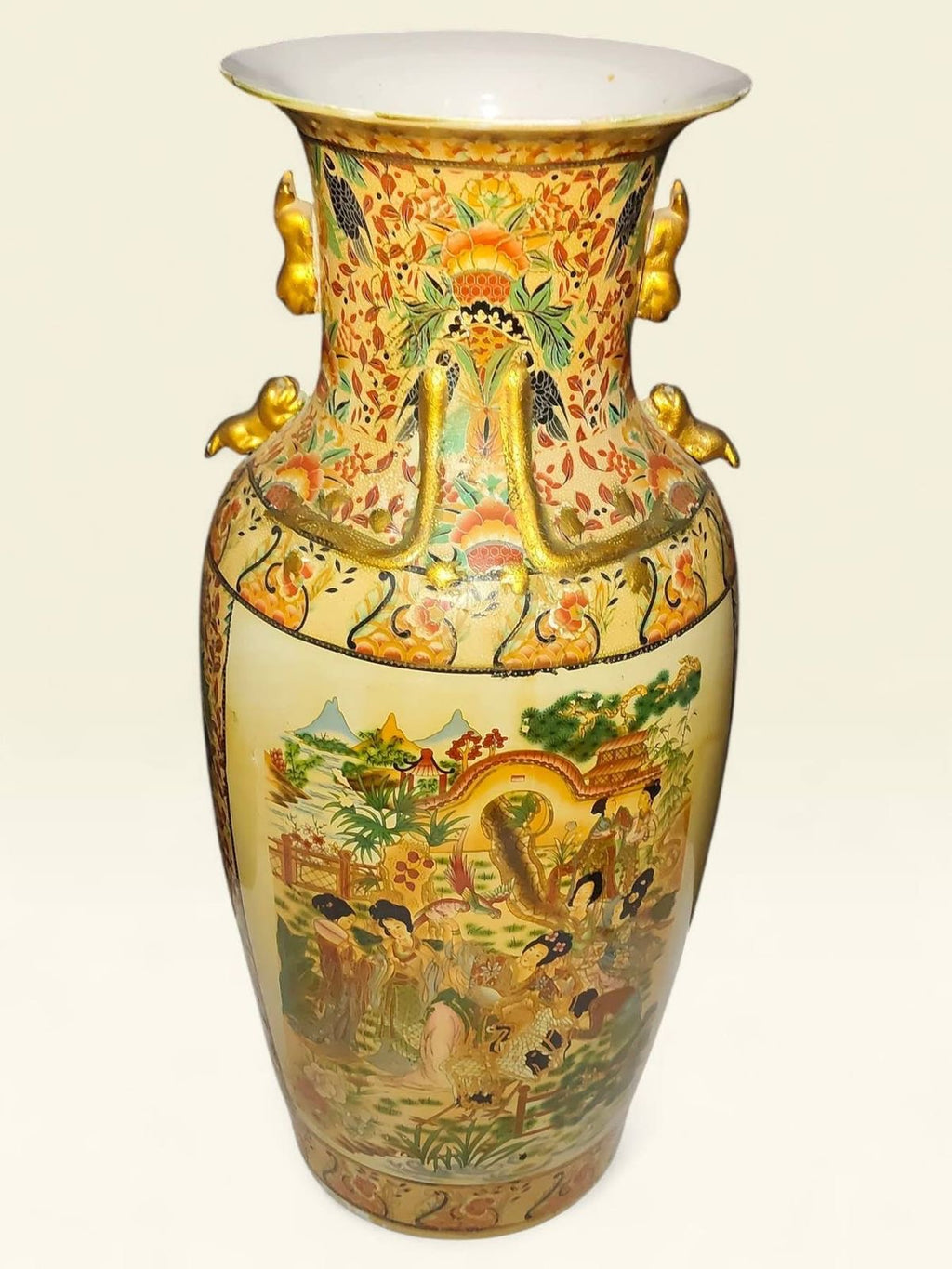 Large Chinoiserie Porcelain Vase – Raised Miniature Artwork – Hand Made with Gold Detailing