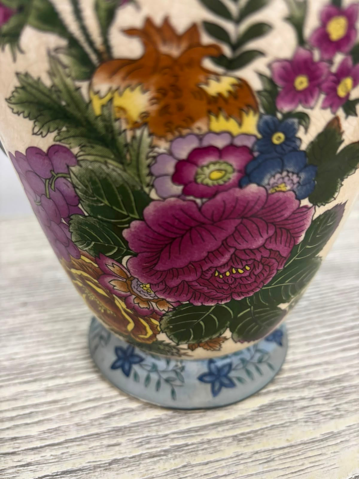 Antique Hand-Painted Chinoiserie Floral Potiche with Crackle Glaze