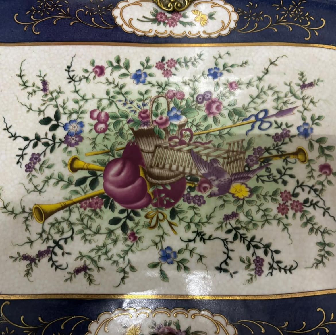 Sevres Chateau Serving Tray with Musical Instruments & Bird Motif