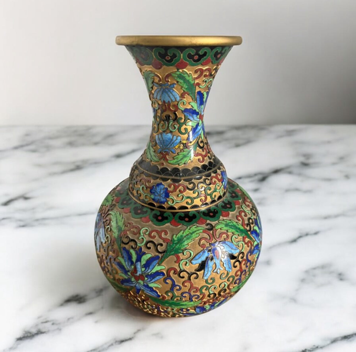 Cloisonné Vase – Raised Design with Blue & Green Accents