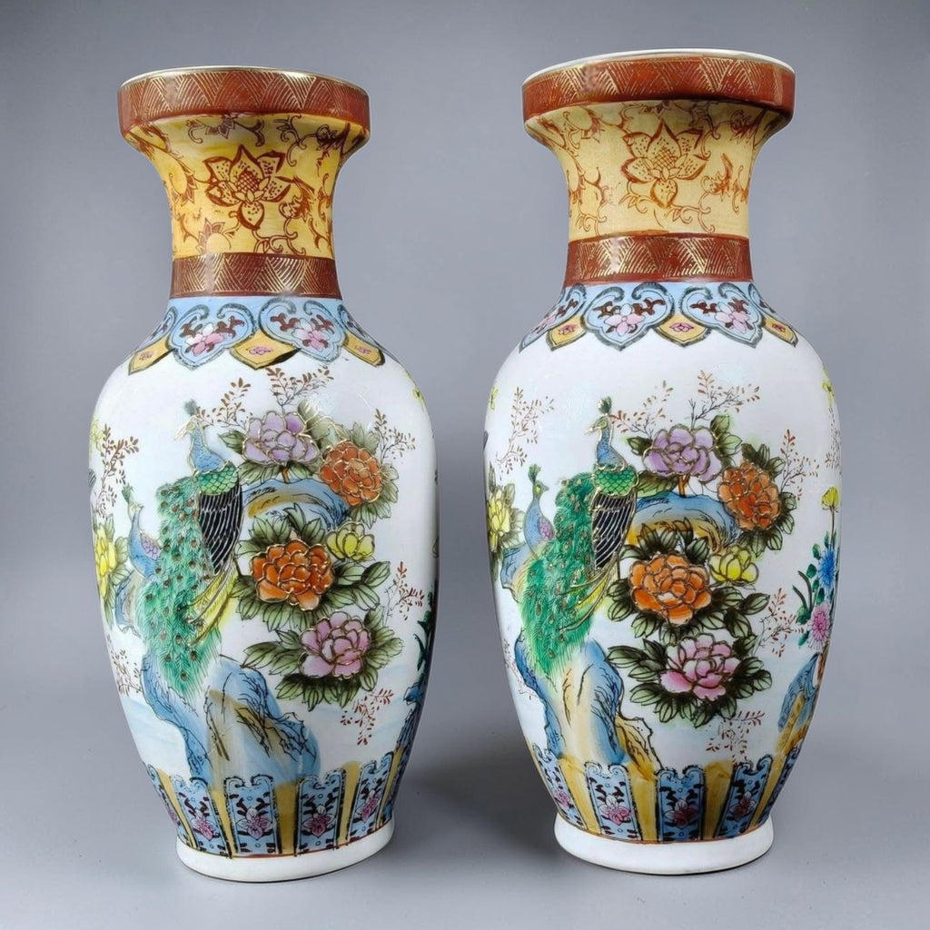 Chinoiserie Porcelain Vases with Peacock Design