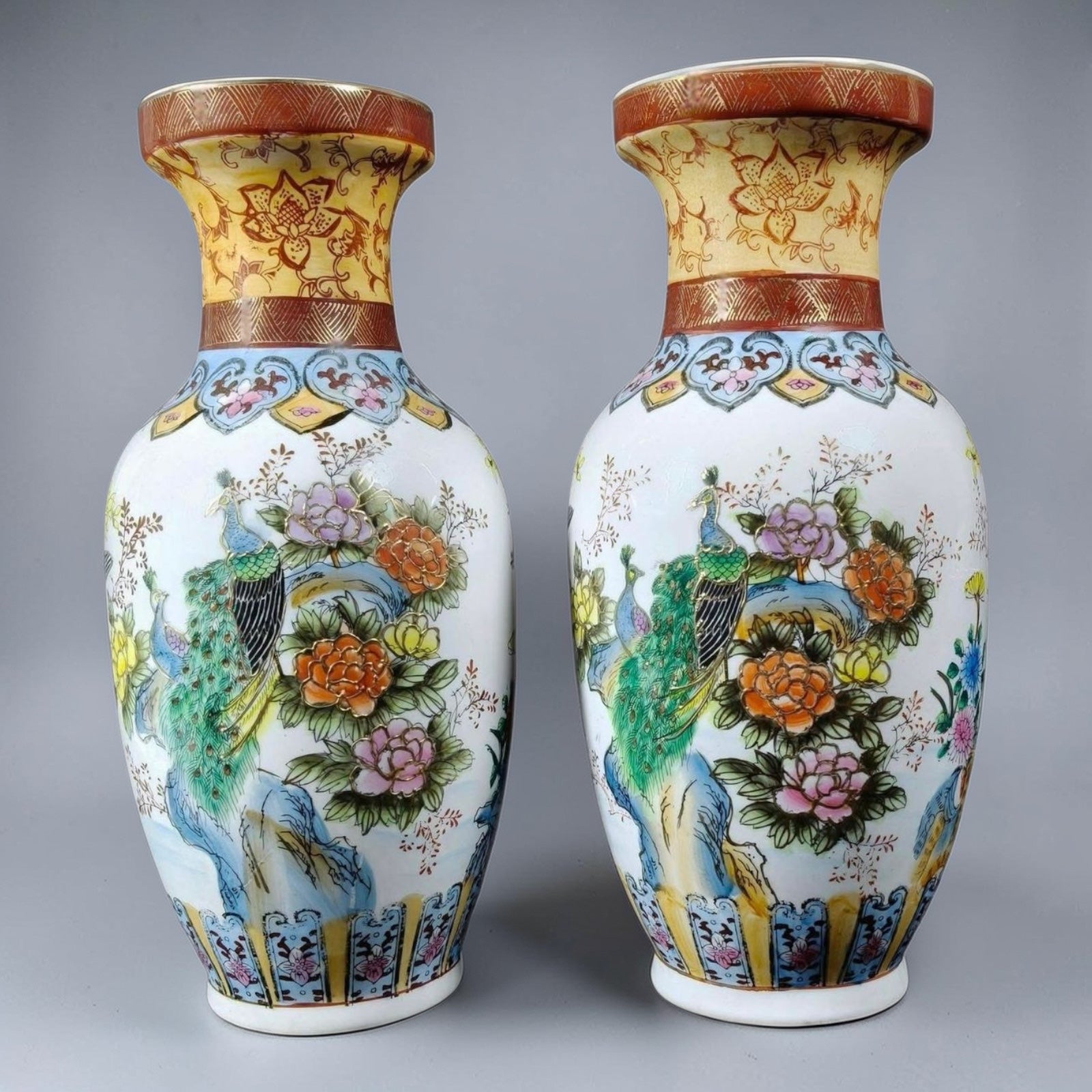 Chinoiserie Porcelain Vases with Peacock Design