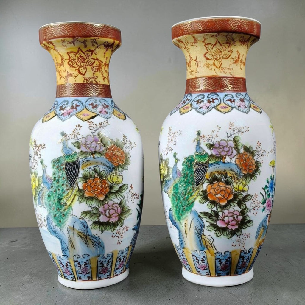 Chinoiserie Porcelain Vases with Peacock Design