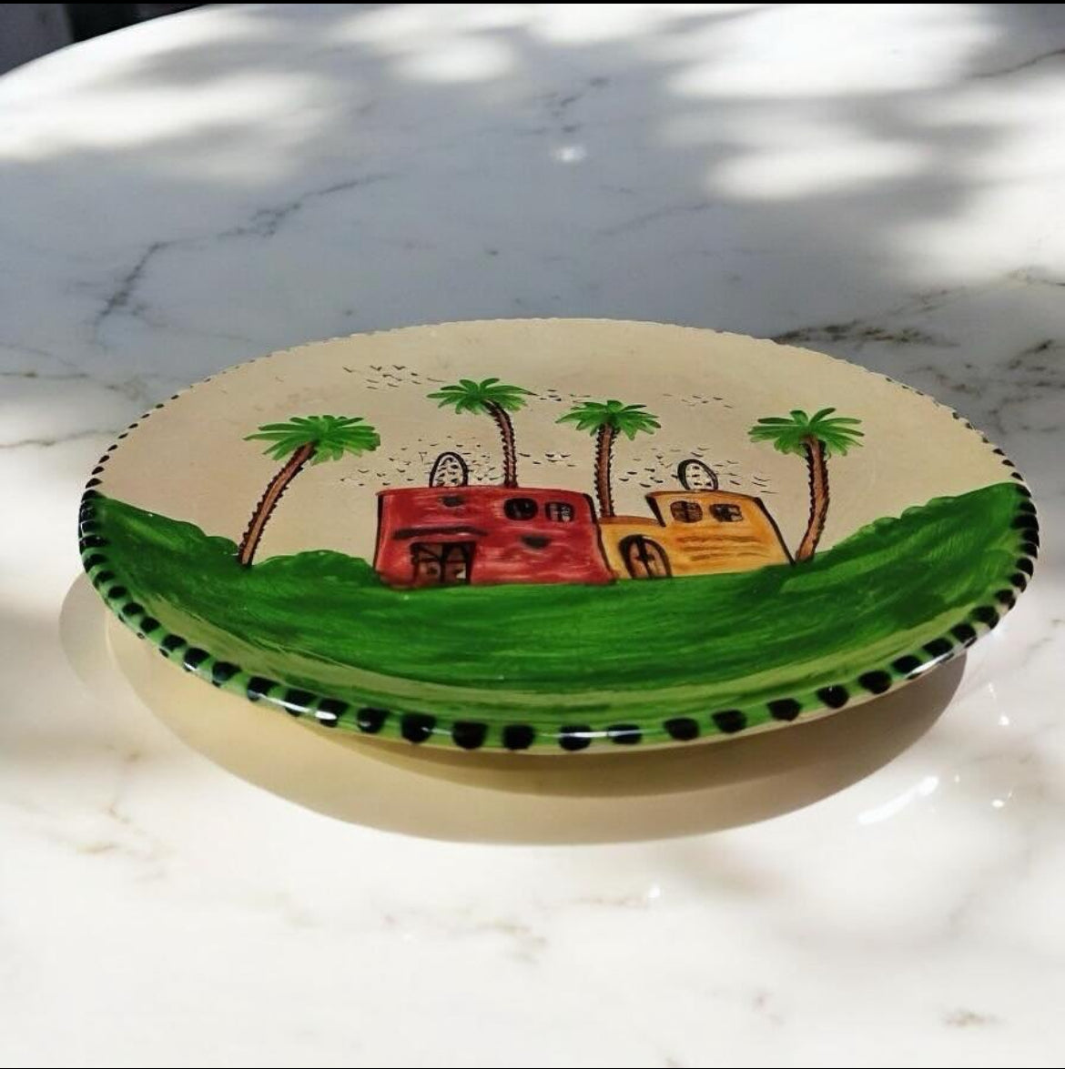 Large Egyptian Countryside Painted Pottery Platter