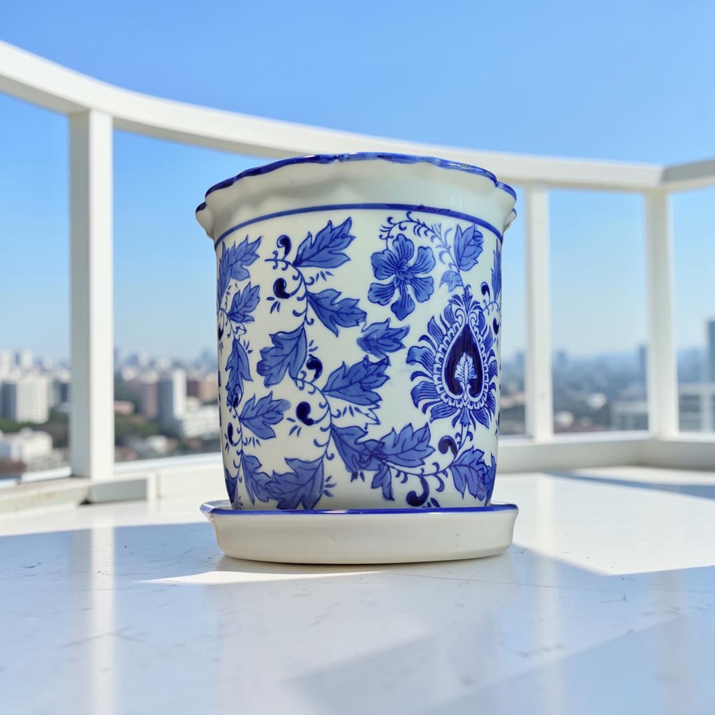 Stamped Bleu Blanc Chinoiserie Porcelain Cachepot with Matching Saucer