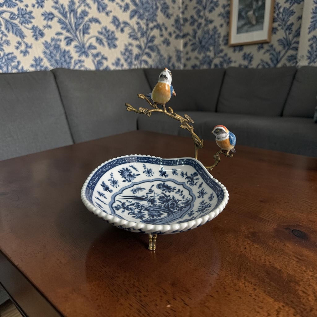 Stamped Bleu Blanc Chinoiserie Centerpiece with Bronze & Porcelain Birds