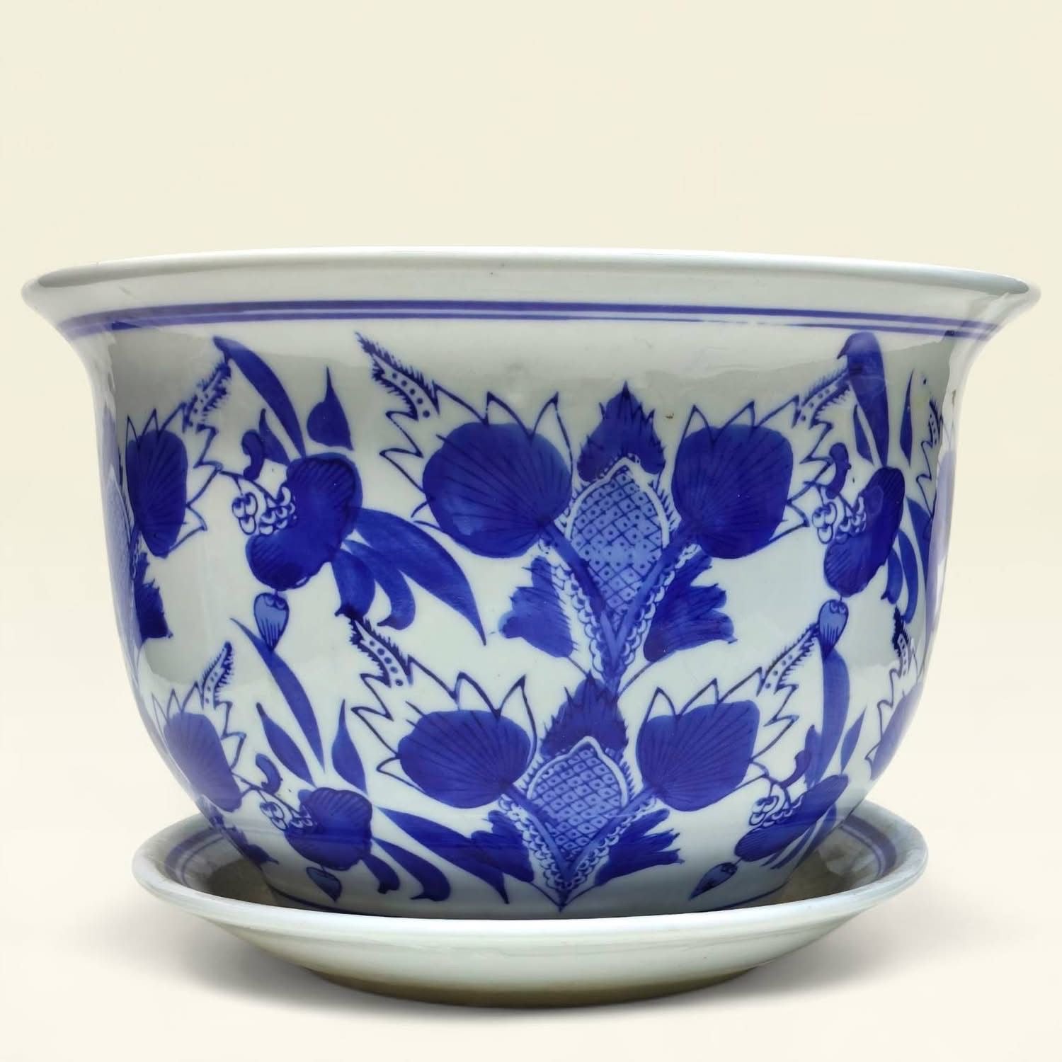 Bleu Blanc Porcelain Cachepots with Matching Saucers