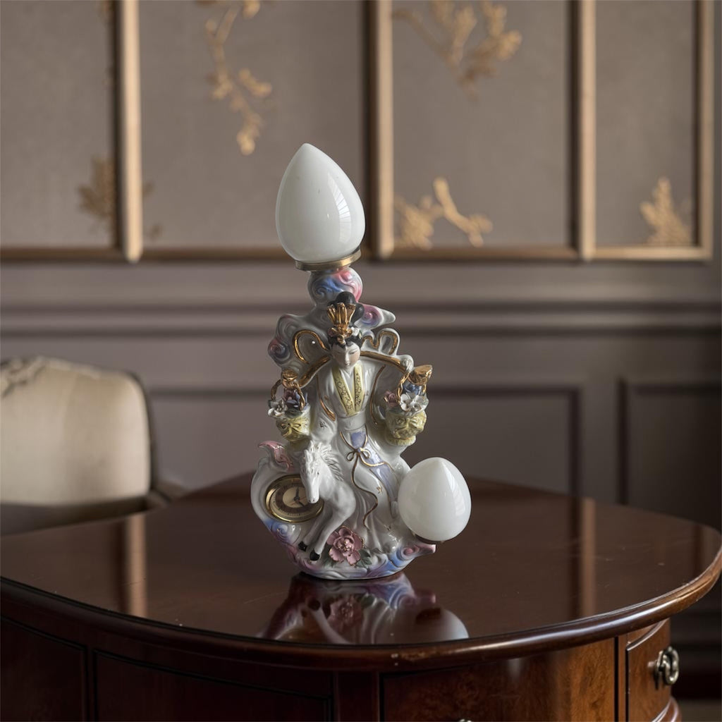 Large Chinoiserie Lady, Horse & Floral Lamp with Clock