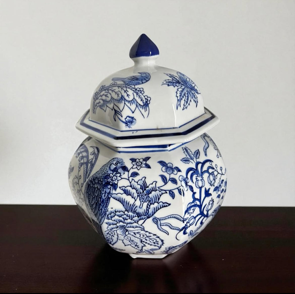 Bleu Blanc Hand-Painted Potiche with Parrot & Floral Motifs