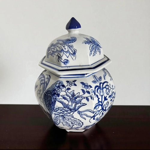 Bleu Blanc Hand-Painted Potiche with Parrot & Floral Motifs