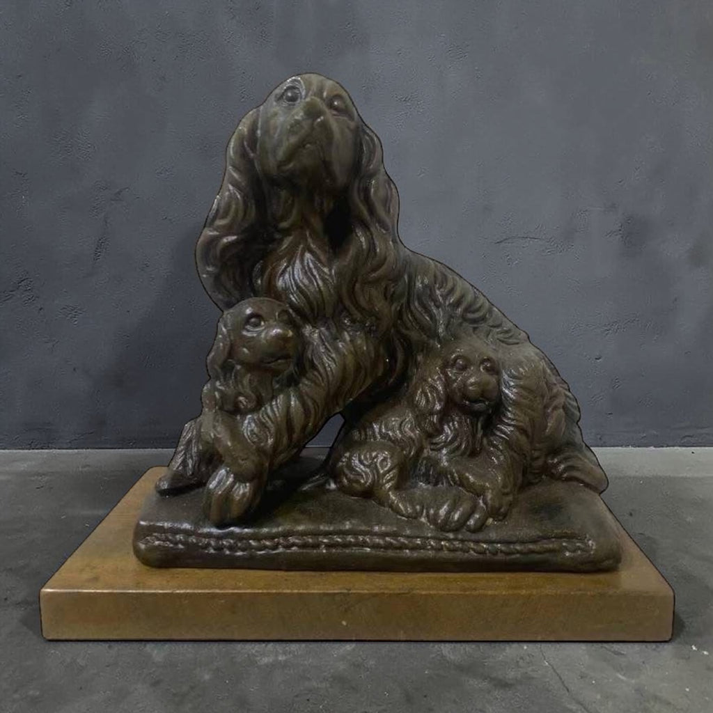 Authentic Antique French Spelter (Semi-Bronze) Statue – Three Dogs – Solid Wood Base