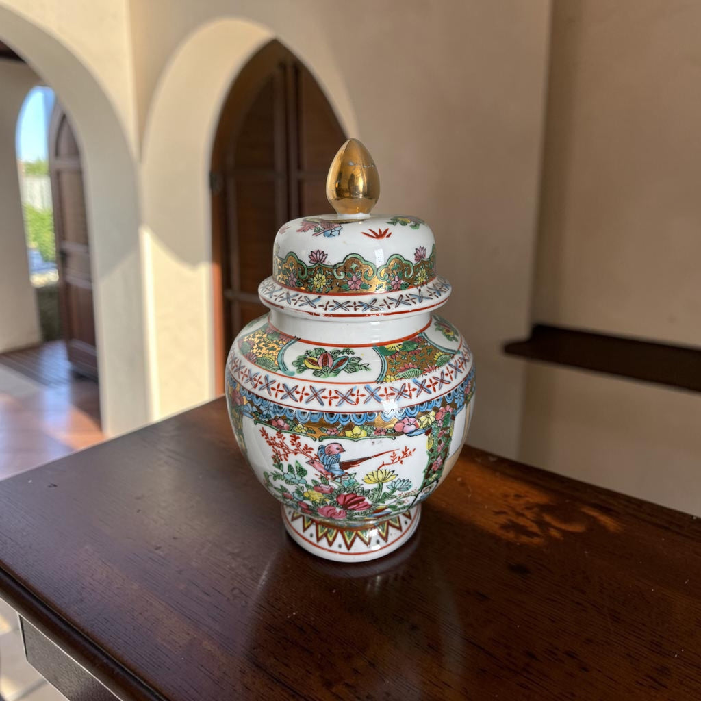 Large Vintage Chinoiserie Cachepot with Red Mark, Figures & Birds