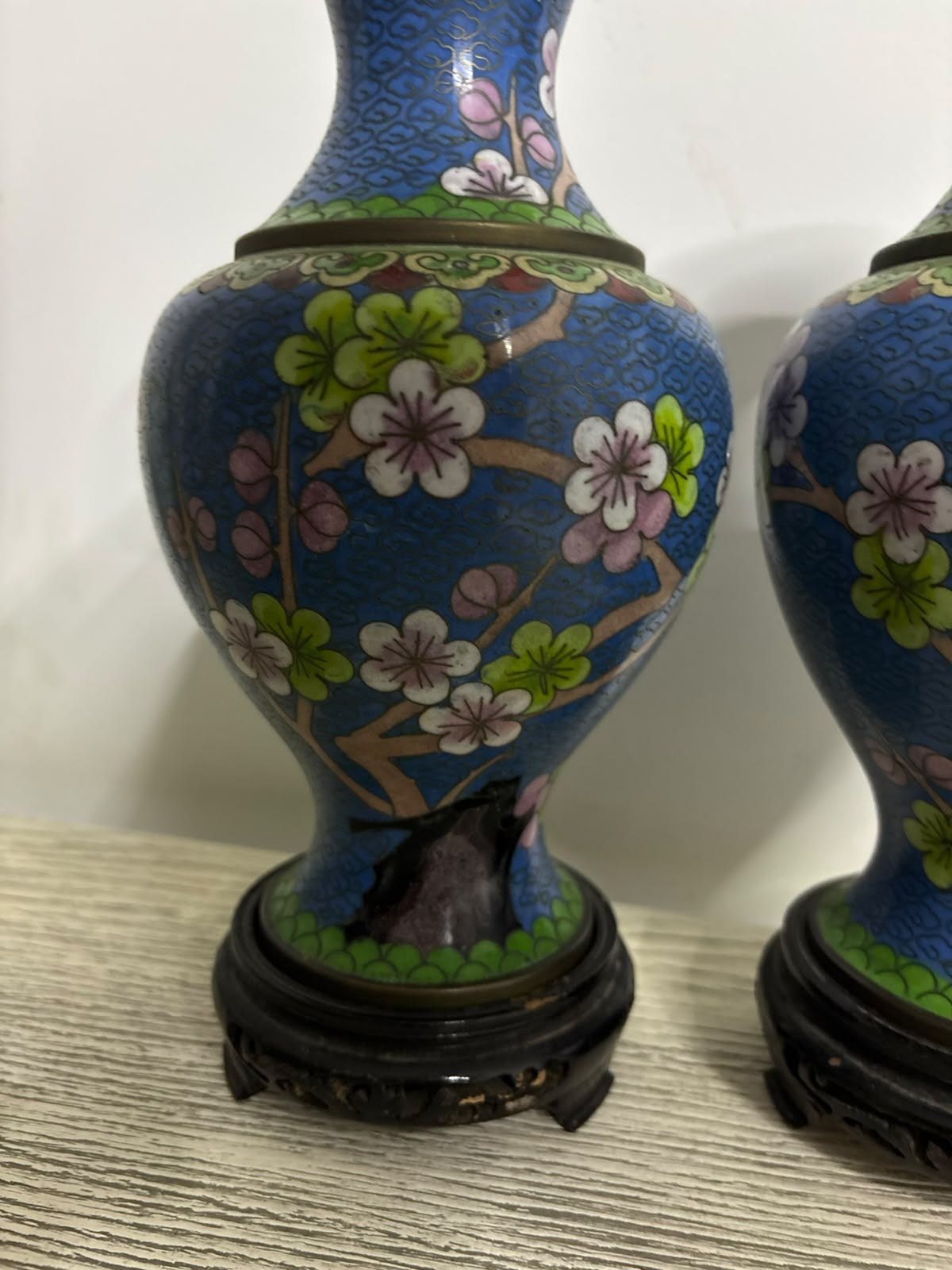 Smooth Cloisonné Vase with Floral & Bird Motifs and Base
