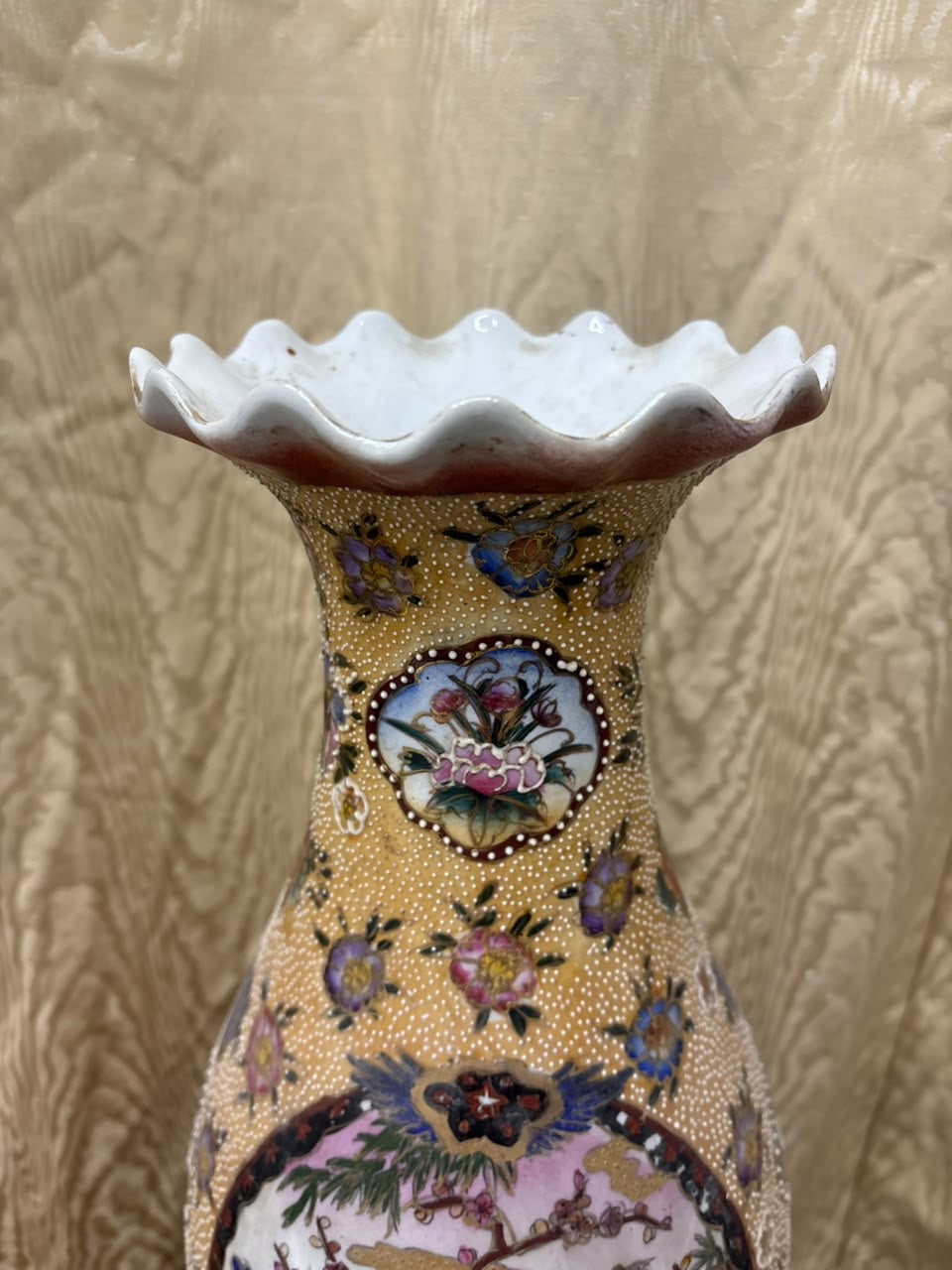 Large Chinoiserie Porcelain Vase with Raised Floral & Bird Motifs