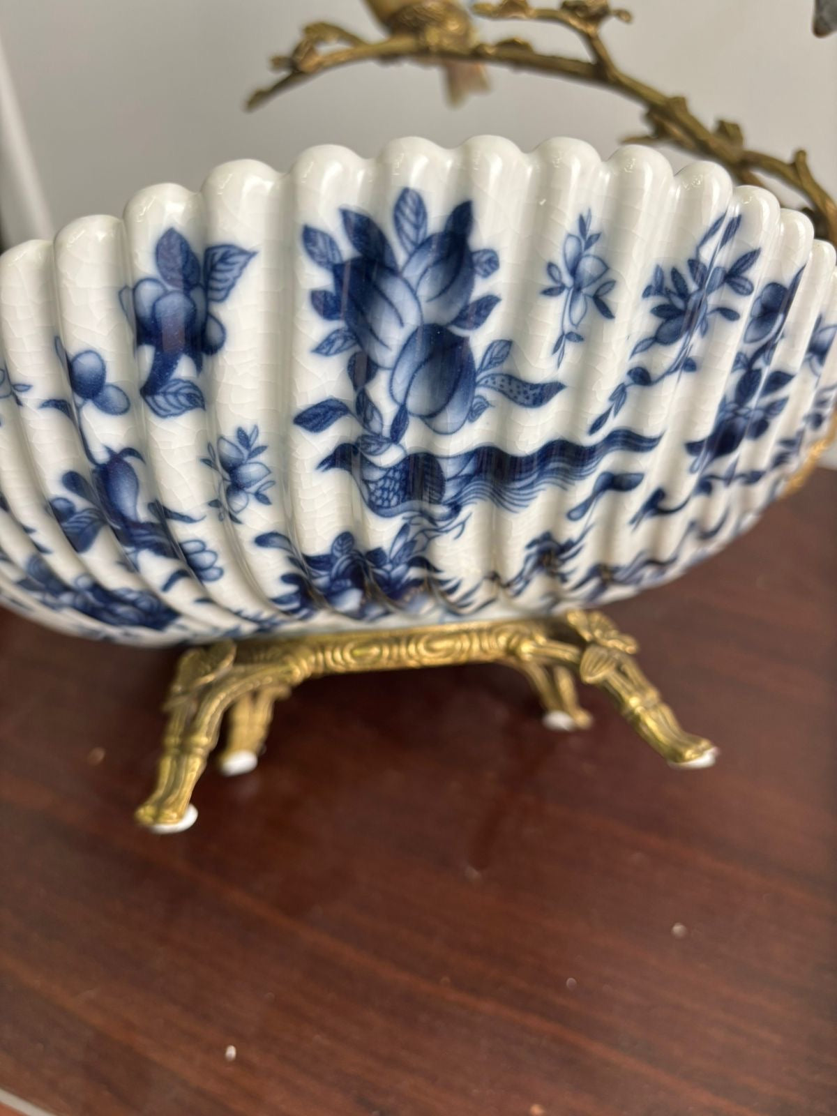 Stamped Bleu Blanc Chinoiserie Centerpiece with Bronze & Porcelain Birds