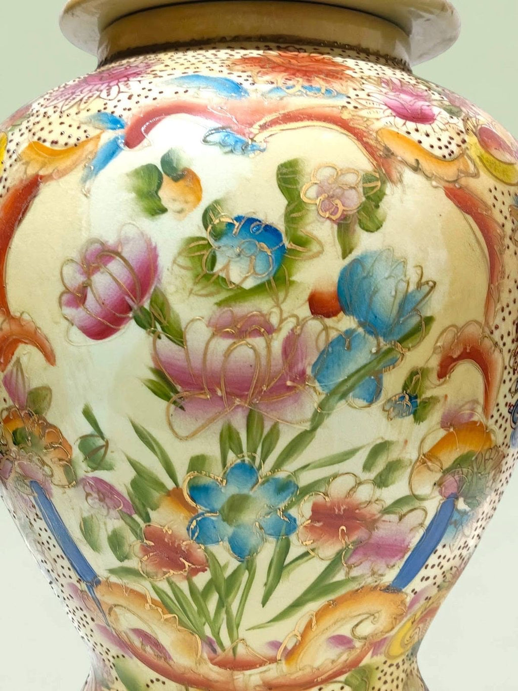 Large Chinoiserie Potiche with Hand-Painted Floral Miniatures & Gold Accents