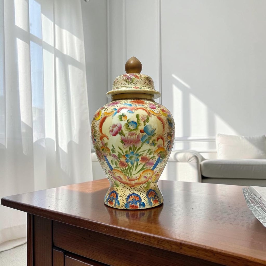 Large Chinoiserie Potiche with Hand-Painted Floral Miniatures & Gold Accents