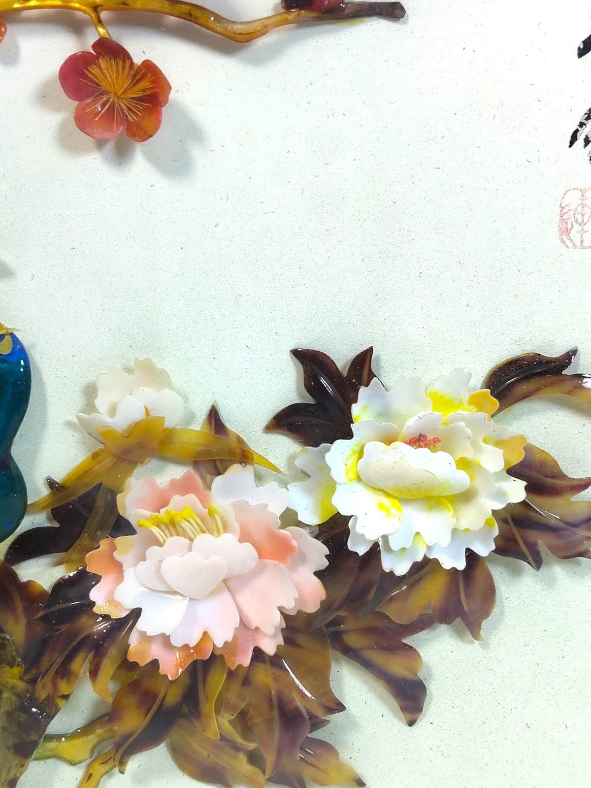 Wooden Frame with Raised Jade Floral & Bird Artwork