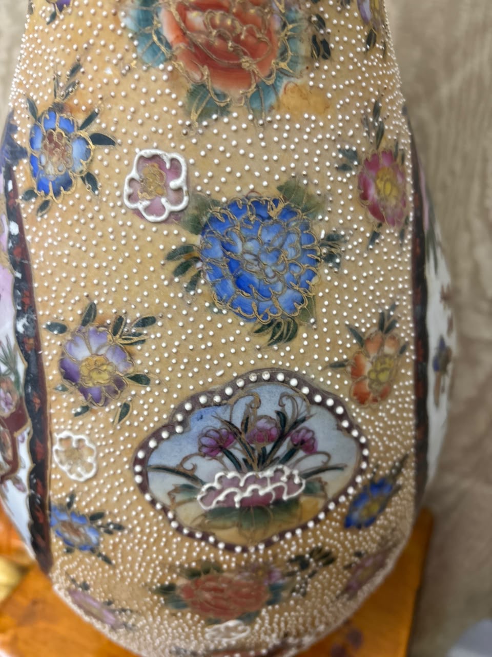 Large Chinoiserie Porcelain Vase with Raised Floral & Bird Motifs