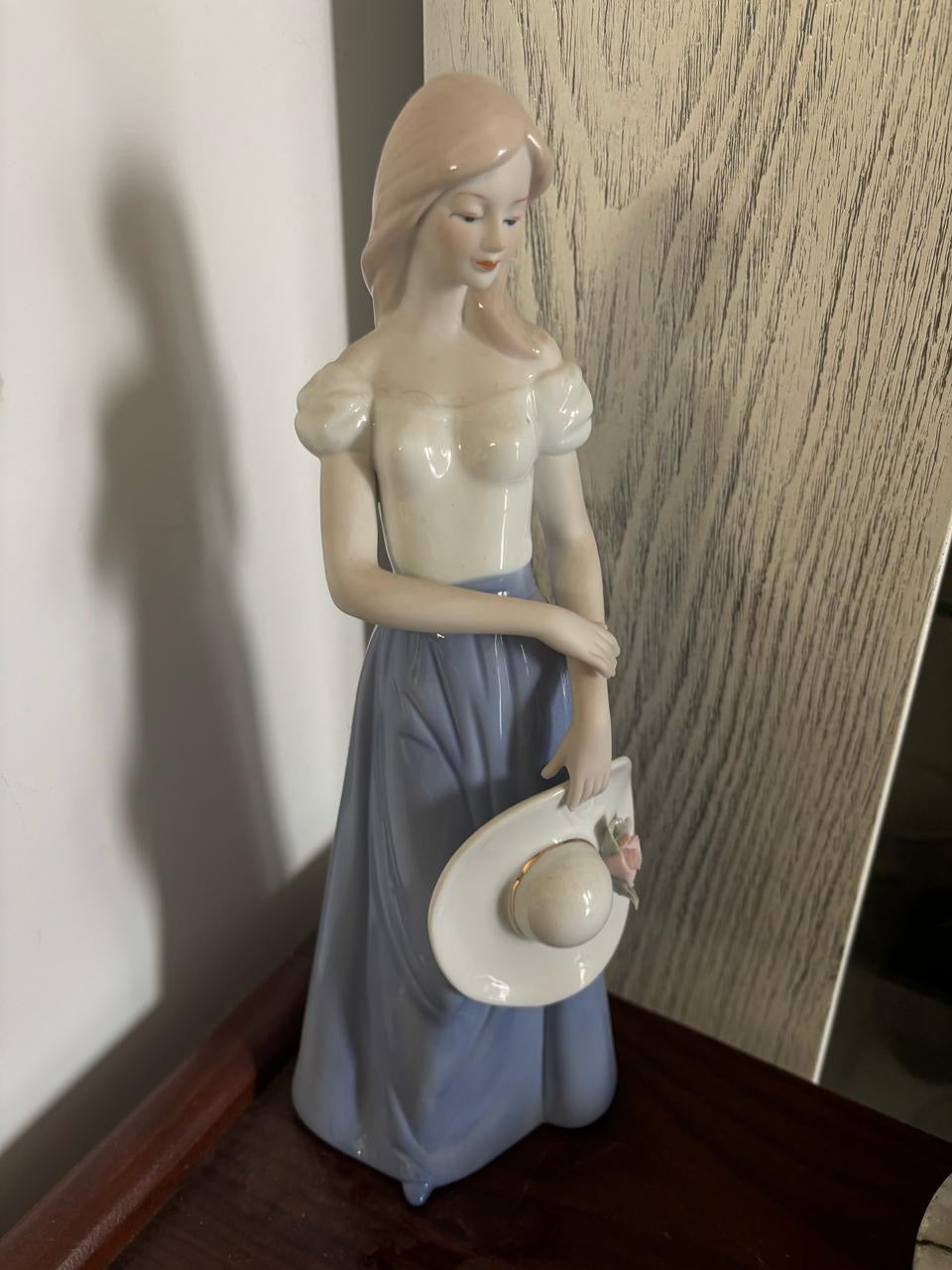 European Porcelain Figurine – Lady with Bonnet – Blue & White Dress