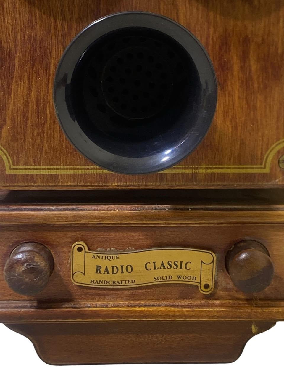 Vintage European Handcrafted Oak Radio & Clock with Bronze Inlay